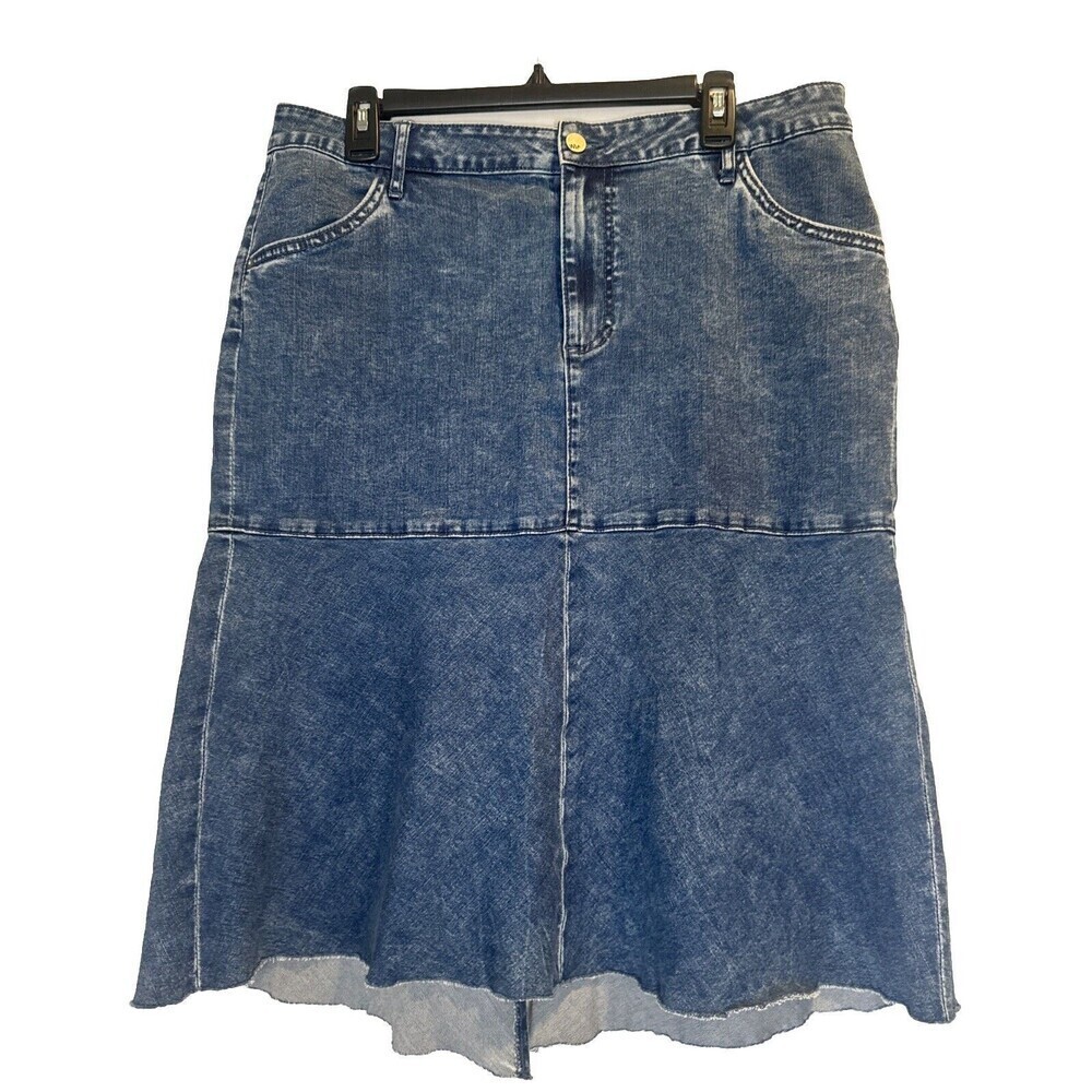 Wash Lab CRUSHED BLUE Denim‎ Trumpet Skirt Distressed Hem Back Slit SZ 32/ US 14